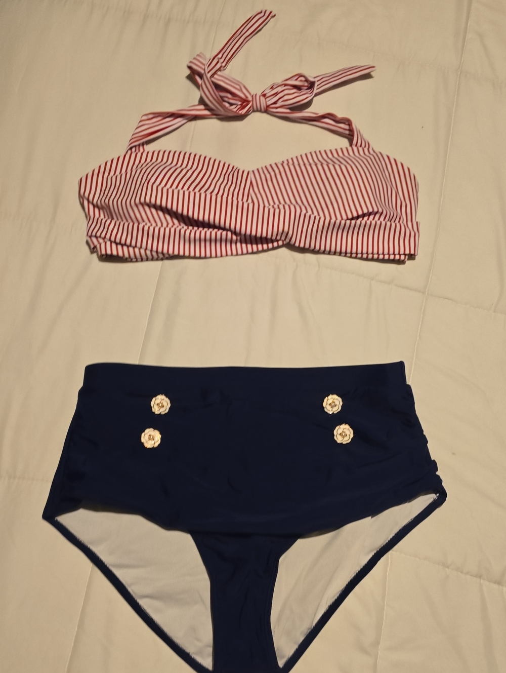 Striped Red Halter Bikini Top with Navy High-Waist Bottoms - Women Swim